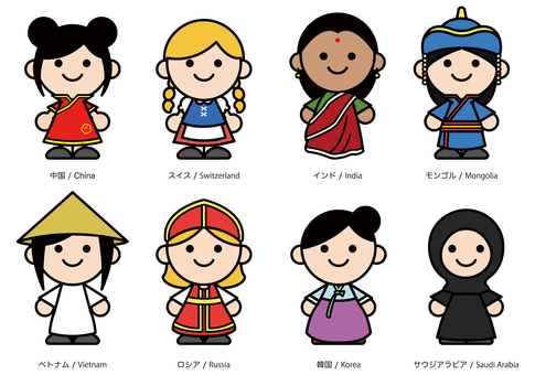 民族衣装を着た女の子たち 民族衣装,女の子,服,服装,衣類,世界,国,文化,中国,スイスのイラスト素材
