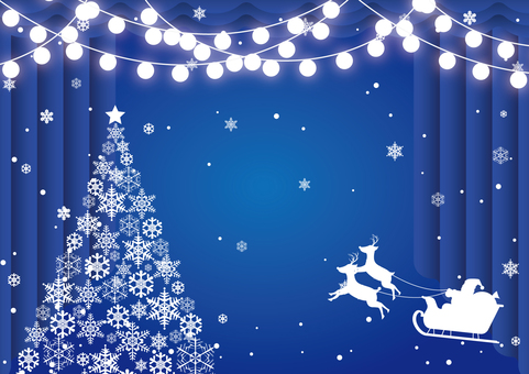 青色のカーテンとクリスマスのおしゃれ背景 クリスマス,ツリー,雪,結晶,サンタクロース,トナカイ,そり,電球,カーテン,幕のイラスト素材
