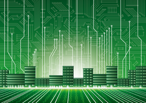 デジタルテクノロジーと都市のイメージ素材 デジタル,サイバー,テクノロジー,電子回路,都市,ビル,オフィス,スタイリッシュ,緑色,背景のイラスト素材