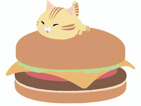 ハンバーガーと笑顔のちゃとら猫 ハンバーガー,猫,ちゃとら,笑顔,動物,かわいい,ファストフードのイラスト素材