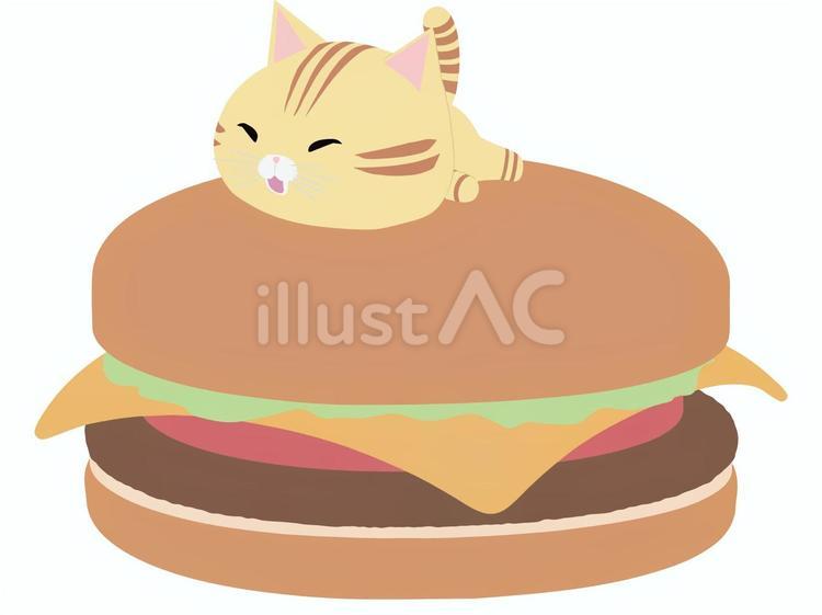 ハンバーガーと笑顔のちゃとら猫 ハンバーガー,猫,ちゃとらのイラスト素材