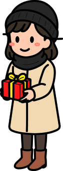 プレゼントを渡す黒の女子です。 プレゼント,シンプル,渡す,ギフト,贈り物,シーン,祝う,イベント,パーティー,クリスマスのイラスト素材