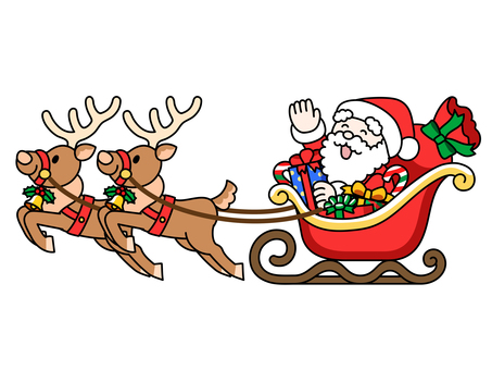 そりに乗るサンタとトナカイ2頭  クリスマス,サンタクロース,トナカイ,そり,プレゼント,聖夜,ジングルベルのイラスト素材