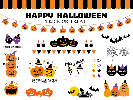 ハロウィンのあしらい ハロウィン,ハロウィーン,halloween,かぼちゃ,ジャックオランタン,骨,骸骨,コウモリ,お化け,幽霊のイラスト素材