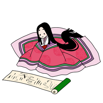 絵巻物を眺める平安時代の姫 十二単,平安時代,貴族,姫,姫君,巻物,絵巻,物語,見る,眺めるのイラスト素材