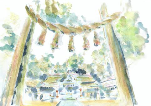 神社 奈良,桜井市,大神神社,神社,初詣,お正月,鳥居,水彩画,手描き,ポストカードのイラスト素材