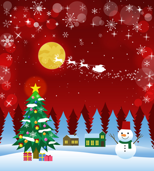 賑やかなクリスマスの夜(赤） クリスマス,クリスマスツリー,クリスマスプレゼント,冬,もみの木,雪だるま,雪の結晶,キラキラ,サンタ,トナカイのイラスト素材