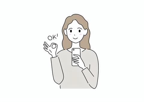 スマホを持ってOKをしている女性 スマホ,オッケー,成功,喜ぶ,笑顔,女性,調べる,20代,30代,かわいいのイラスト素材