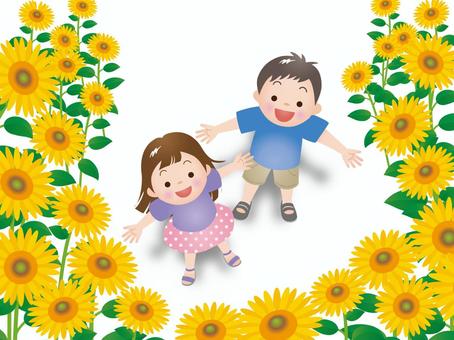 ひまわりと二人の子供たち 人物,植物,夏,子供,ひまわり,かわいい,笑顔,明るい,元気,見上げるのイラスト素材