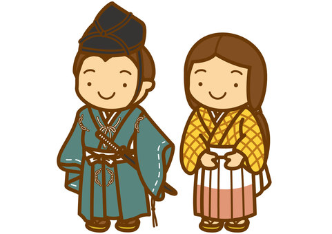 鎌倉人3-4c 鎌倉時代,武士,直垂,烏帽子,折烏帽子,袴,着物,草履,足袋,女性のイラスト素材