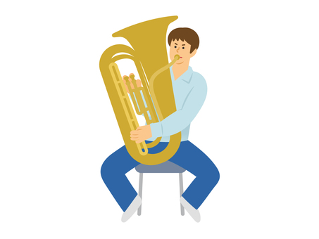 チューバを吹く男性／カラー チューバ,金管楽器,真鍮,男性,低音,吹奏楽,趣味,音楽,演奏,人物のイラスト素材