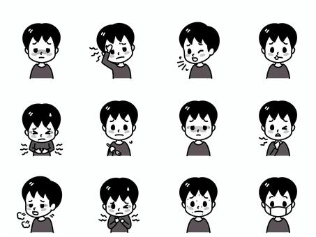 病気の症状　男の子　白黒 病気,症状,白黒,子供,発熱,頭痛,咳,鼻水,腹痛,食欲不振のイラスト素材