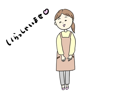 いらっしゃいませ店員さん 店員,いらっしゃいませ,商売,接客,販売,エプロン,挨拶,カフェ店員,飲食店,笑顔のイラスト素材
