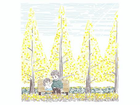 銀杏並木のベンチに座る父子 銀杏,並木,親子,父子,お父さん,子ども,女の子,ベンチ,座る,話すのイラスト素材