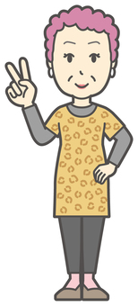  大阪のおばちゃん-052-全身 ピース,おばちゃん,大阪,ヒョウ柄,おばはん,中年,女性,関西,派手,おばさんのイラスト素材