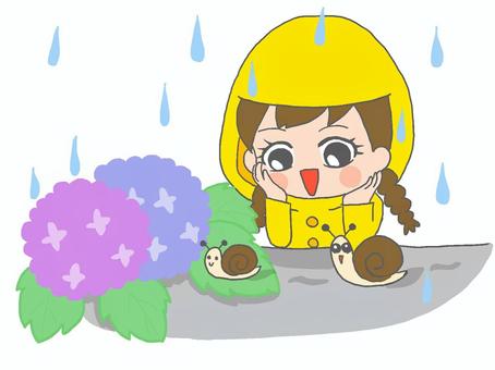 雨の日１ 手描き,女の子,茶髪,三つ編み,カッパ,雨具,アジサイ,花,植物,カタツムリのイラスト素材