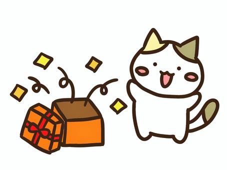 クリスマスプレゼント箱を開けて喜ぶ三毛猫 クリスマス,プレゼント,箱,開ける,喜ぶ,驚く,ギフト,当たり,当選,ねこのイラスト素材