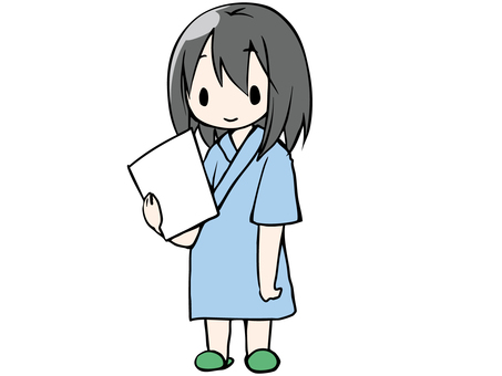 女性 健康診断 女性,黒髪,健康診断,検診,書類,患者衣,病衣,ポーズ,ユーモア,白背景のイラスト素材