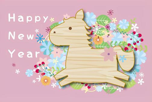 年賀状うま＿,かわいい01 年賀状,午,かわいい,木目,北欧風,緑,花,松,竹,シルエットのイラスト素材