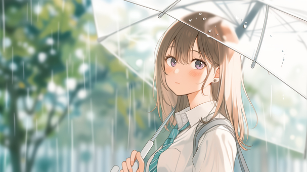 school_girl66_B 美少女,高校生,制服,雨,傘,登校,少女,女の子,学生,透明な傘のイラスト素材
