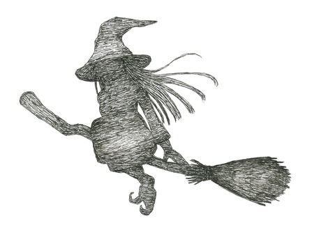 箒に乗って空を飛ぶ魔女のシルエット 魔法使い,箒,飛ぶ,ロングヘア,人物,シルエット,ファンタジー,手描き,リアル,モノクロのイラスト素材