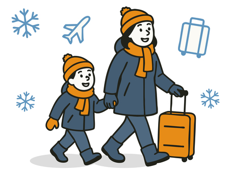 冬の親子 冬の親子 親子,旅行,旅,冬,防寒具,スーツケース,キャリーケース,マフラー,ニット帽,移動のイラスト素材