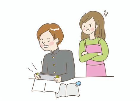Male student and angry mother playing games while studying, man, parenting, mother, JPG, PNG and AI