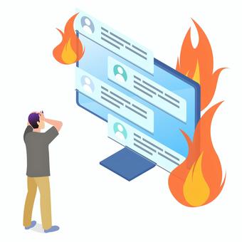 炎上する男性 炎上,sns,アイソメトリック,男性,批判,誹謗中傷,pc,トラブル,ソーシャルメディア,失態のイラスト素材