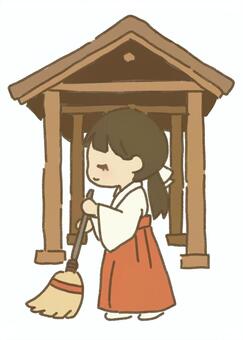 ほうきで掃除する巫女 巫女,人物,女性,箒,掃除,建物,神社,和風,和服,日本のイラスト素材