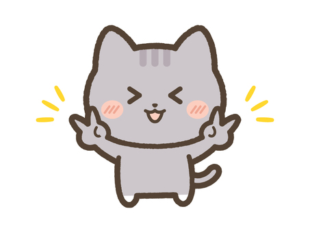笑顔でダブルピースをするねこ（サバトラ） ねこ,ピース,ダブルポーズ,ポーズ,笑顔,ニコニコ,日常,表情,かわいい,ゆるいのイラスト素材