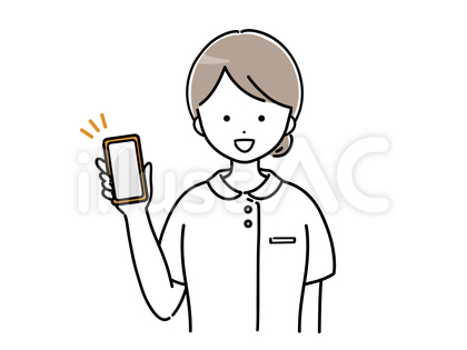 スマホを見せる若い女性看護師(半袖)