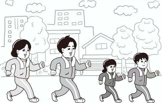 モノクロジャージ姿のウォーキング家族 モノクロ,白黒,グレースケール,ウォーキング,スロージョギング,歩く,歩行,健康,散歩,運動のイラスト素材