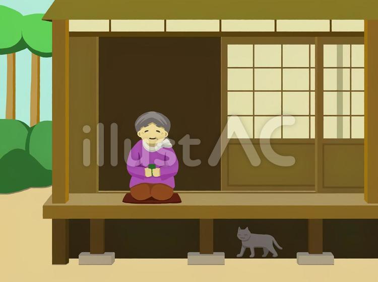 縁側のおばあさん 縁側のおばあさん,猫,家のイラスト素材