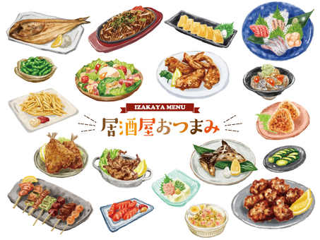 居酒屋つまみ フルカラー 手描き,手書き,居酒屋,魚,ホッケ,焼きそば,鉄板,卵焼き,刺身,まぐろのイラスト素材