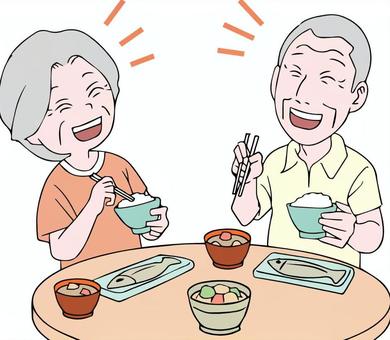 幸せな夫婦の食卓 幸せ,食卓,夫婦,笑顔,熟年,健康,ご飯,魚のイラスト素材