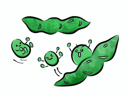 飛び出す枝豆 枝豆,豆,緑,可愛い,さやえんどう,エンドウ豆,そらまめ,食べ物,植物,擬人化のイラスト素材