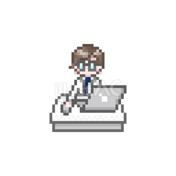 ドット絵のパソコンを使う白衣を着た男性 ドット絵,ピクセル,パソコンのイラスト素材