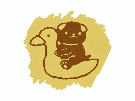 アヒルと子犬 アヒル,子犬,乗る,かわいい,仲良し,手描きのイラスト素材