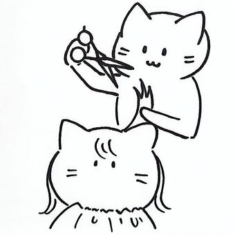 ねこ美容師(線画) 美容師,ヘアカット,カット,美容院,ねこ,ゆるかわ,ゆるキャラ,アイコン,線画,白黒のイラスト素材