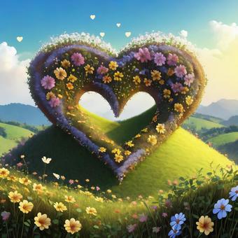 heart in the flower field, flower garden, heart, mound, JPG