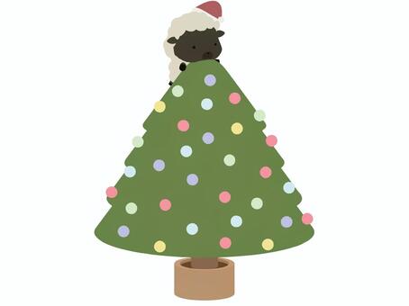 クリスマスツリーと黒い羊 クリスマスツリー,羊,動物,かわいい,冬,クリスマスのイラスト素材