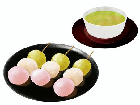 Three-color dumpling (with tea), three color dumplings, tea, japanese tea, JPG and PNG