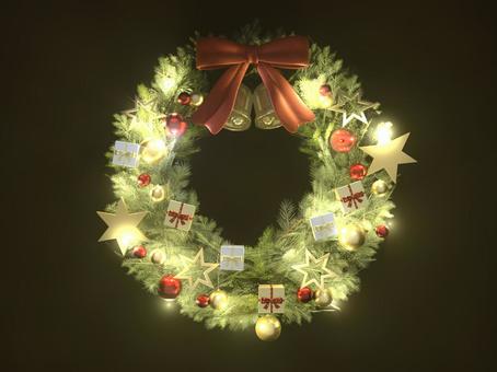 夜に明るく輝かくクリスマスリース クリスマス,クリスマスリース,オーナメント,オーナメントボール,ボール,柊,リボン,ベル,葉っぱ,リングのイラスト素材