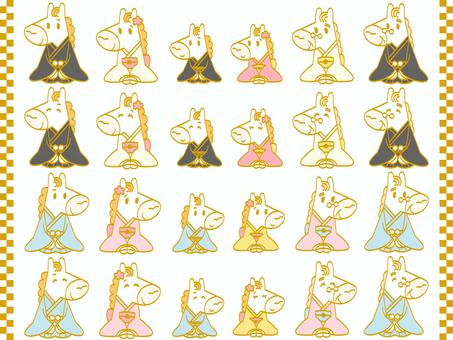 着物を着た白馬の家族（金色ライン） 馬,着物,午年,2026年,年賀状,お正月,かわいい,シンプル,ベクター,和のイラスト素材