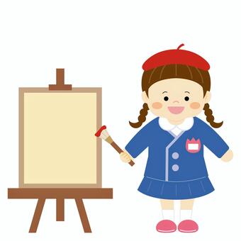 イーゼルの前で絵を描く制服の女の子 芸術の秋,芸術,絵画,絵,女の子,子供,ベレー帽,筆,イーゼル,制服のイラスト素材