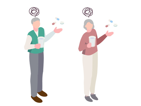 薬で困りごとがあるシニア男女セット 薬,カプセル,錠剤,飲み薬,困る,悩む,忘れる,コップ,常備薬,男性のイラスト素材