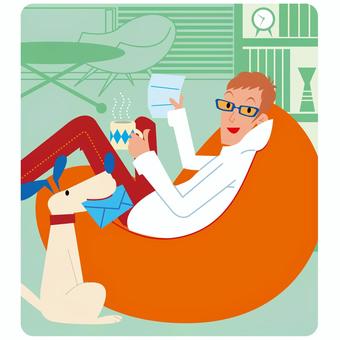 愛犬との日常 男性,犬,手紙,部屋,ソファ,コーヒーのイラスト素材
