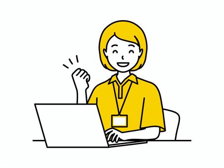 パソコンでやる気の介護士女性（上半身） ガッツポーズ,やる気,笑顔,介護士,求人募集,チラシ,ノートパソコン,pc,仕事,事務のイラスト素材