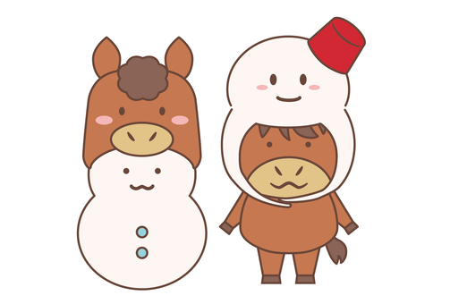 馬と雪だるま_コスプレ 馬,午年,年賀状素材,雪だるま,コスプレ,被り物,ユニーク,かわいい,干支,冬のイラスト素材