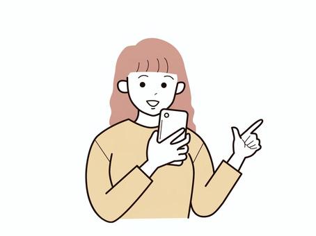 スマホと指差しで話す若い女性2／カラー 上半身,長袖,指差し,スマホ,話す,女性,お母さん,ママ,学生,社会人のイラスト素材